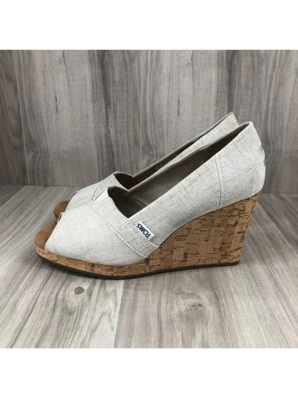 Toms Wedges Womens 8 Tan Slip On Peep Toe Cork Wedge Shoes